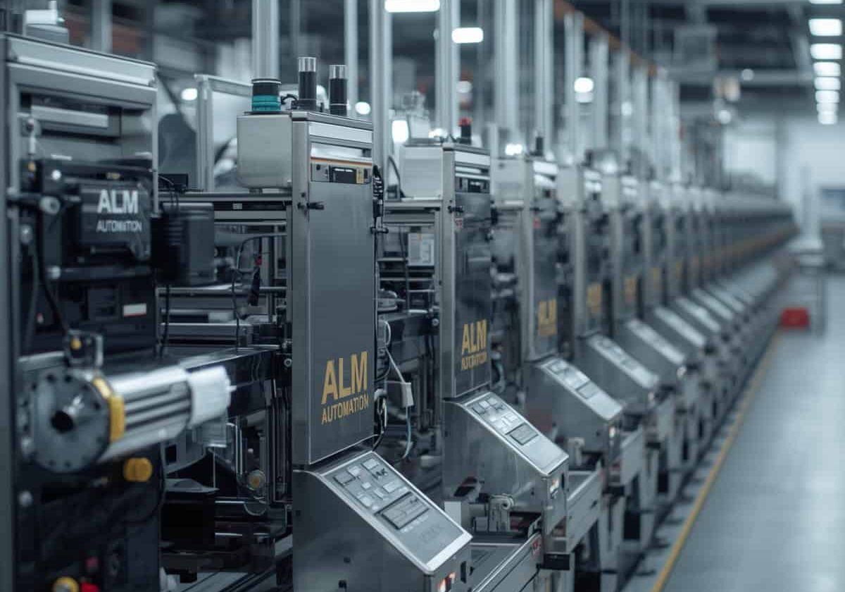 Highly efficient automated labeling machines in a manufacturing facility.